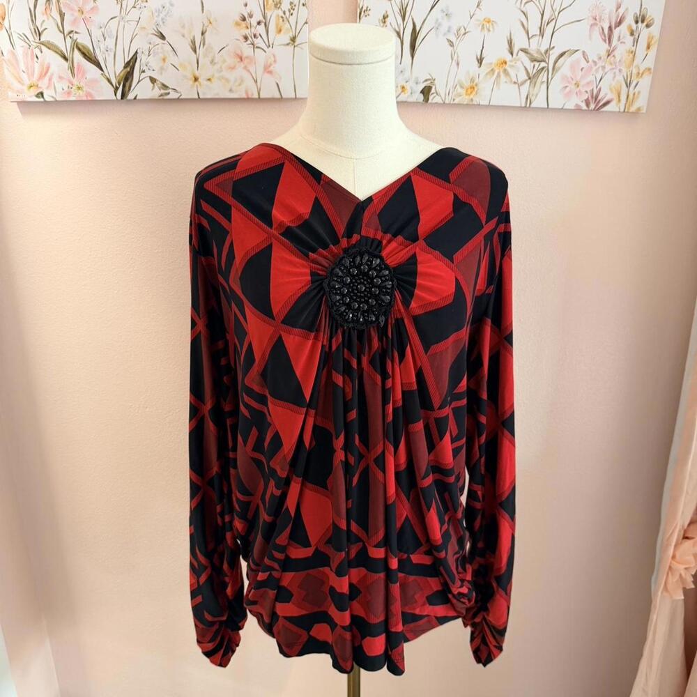 Rafaella Red Black Geometric Blouse | Beaded Statement Top | 2X